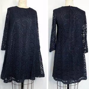 Vintage Womens 60s Black A-line Lace Mini Dress with 3/4 Sleeves